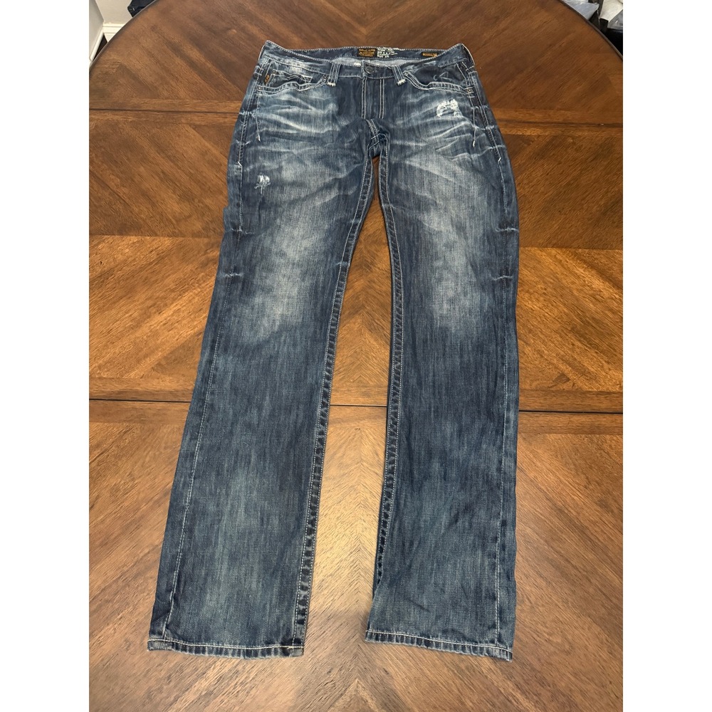 Salvage Supply Co Havoc Slim Straight Jeans Dark Wash Distressed 33L Buckle